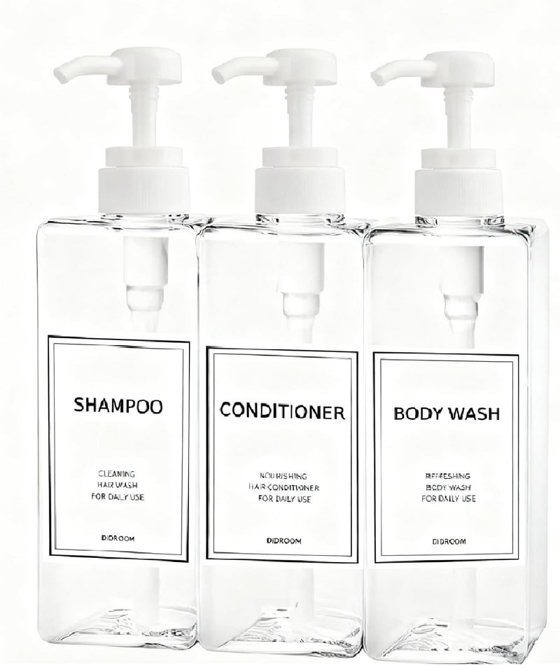 DIDROOM Modern Shampoo and Conditioner Dispenser (21 oz, Pack of 3) Refillable Pump Bottle Set Empty Shower Plastic Bottles with Pump for Bathroom Body Wash Soap and Shower - Image 1